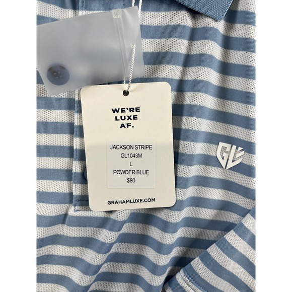 Graham Luxe Golf Polo Shirt Mens Sz L Performance‎ NEW Blue Striped Casual - Picture 5 of 7